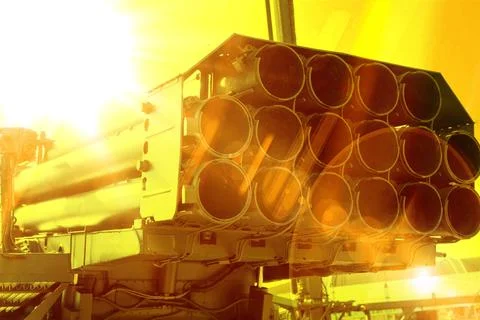 Barrels of multiple launch rocket systems, close-up, military equipment Stock Photos