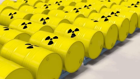 Barrels for nuclear waste in a warehouse. Stock Footage 73459388