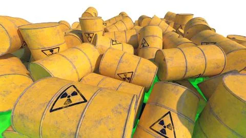 Barrels with radioactive waste. 3D render. Illustrazione stock
