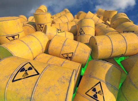 Barrels with radioactive waste. 3D render. Stock Illustration