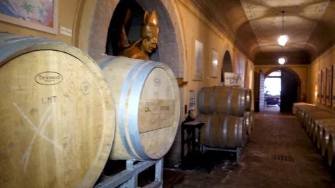 Barrels of wine ageing in a dark cellar  Stock Footage 105564722