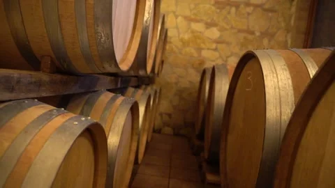 Barrels of wine in cellar Vídeo Stock 197631108