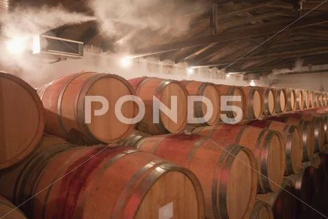 Barrels of wine in cellar Stock Photos
