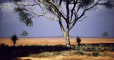 Barren landscape with eucalyptus trees and distant hills under cloudy sky Stock Illustration