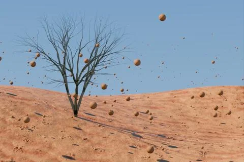 A barren landscape with a lone tree surrounded by swirling dust Illustrazione stock