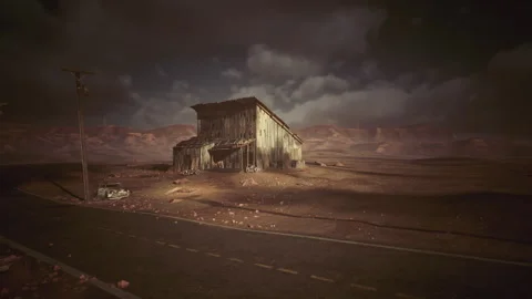 Barren plain with lightning illuminating lonely roadside shelter scene 스톡 동영상 334331925