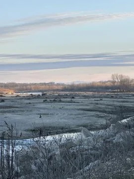 Barren Winter Riverbed with Distant Trees and Mountains Stock Photos