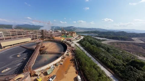 Barrick Gold Cotuí mine settling pond and plant, Dominican Republic. Aerial Stock Footage 309644241