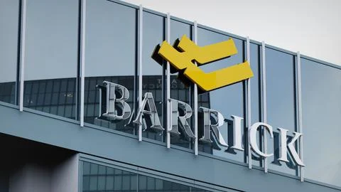 Barrick Gold Stock data presented on the logo of the office facade editorial Stock Photos
