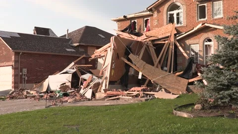 Barrie storm and Tornado destruction in residential area from EF-2 twister Stock Footage 157402474