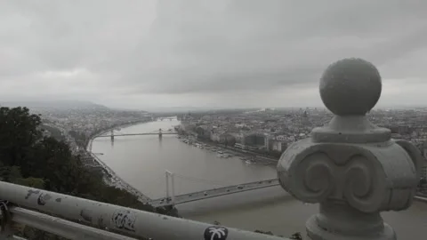 A barrier and panoramic view from Gellert hill in cloudy weather Stock Footage 166090555
