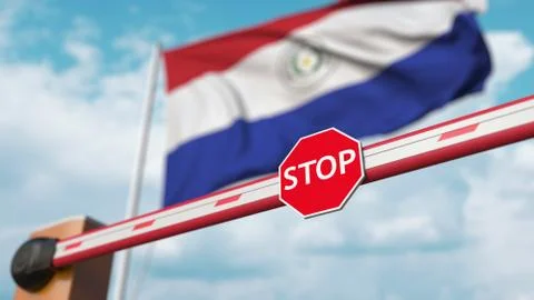 Barrier gate being closed with flag of Paraguay as a background. Paraguayan Illustrazione stock