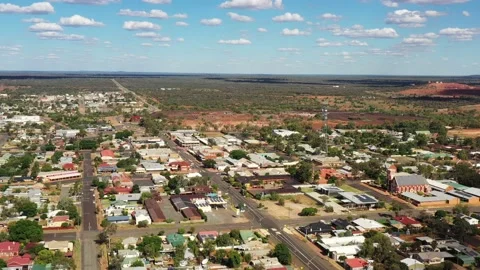 Barrier highway through Cobar mining town in Outback of Australia aerial 4k. Stock Footage 171189867