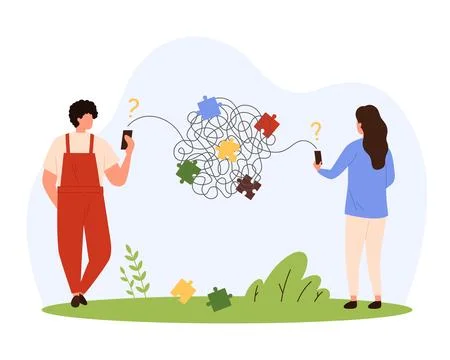 Barrier of misunderstanding in online communication, tiny man and woman holding Stock Illustration