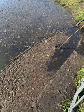 A barrier to stop floating debris in the river. Concept of environmental prot Stock Photos