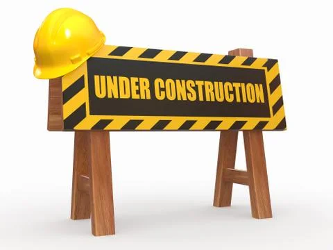 Barrier with text under construction and hardhat. 3d Stock Illustration