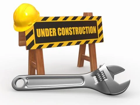 Barrier with text under construction and hardhat. 3d Stock Illustration