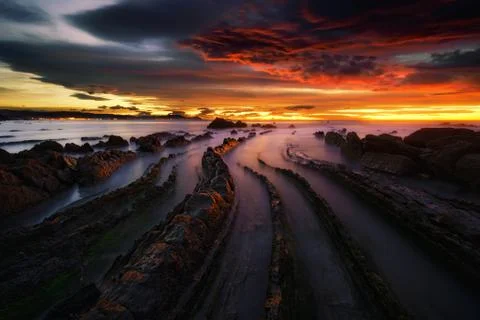 Barrika beach at sunset Stock Photos