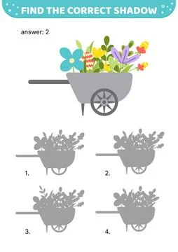 Barrow with flowers. Find the correct shadow. Shadow matching game. Cartoon Stock Illustration