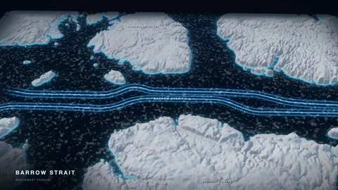 Barrow Strait 3D White Terrain Relief Map With Glowing Route And Pack Ice Stock Footage 343396499