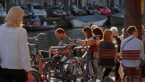 The bars and restaurants at the canals of Amsterdam - a great place to relax Stock Footage