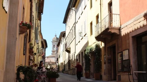 Bars and restaurants in the streets of San. Quirico D'Orcia. Pan View. Stock Footage 99153084