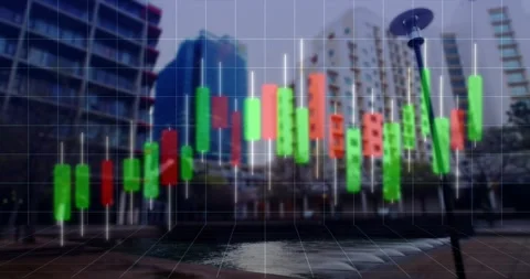 Bars appearing on translucent 3D candlestick chart flowing left over plaza Stock Footage 320287327