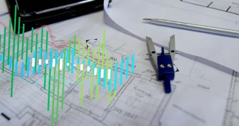 Bars on blueprint near compass and pen migrating with red line tracing waveform Stock-Footage 315895230