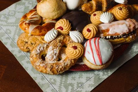 Bars cakes buns cookies background, Dessert, sweets for tea. Stock Photos