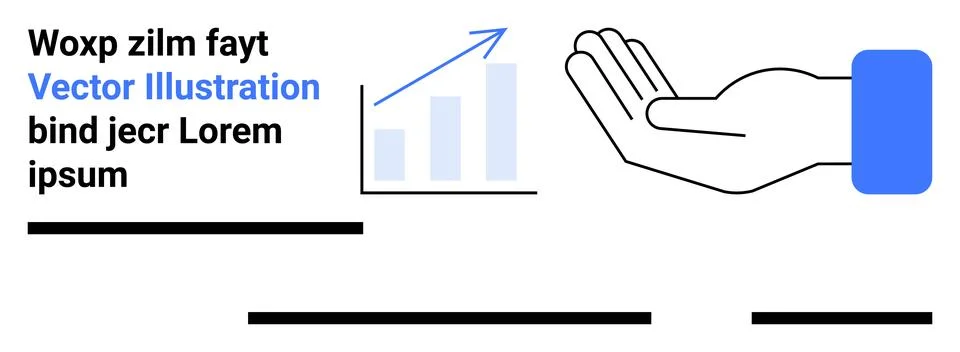 Bars chart ascending with arrow, open hand gesture, and placeholder text. Ide Stock Illustration