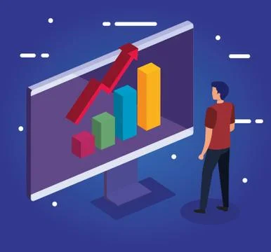 Bars chart with increase arrow on computer and man vector design Illustrazione stock