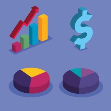 Bars chart with increase arrow money and cake charts vector design 스톡 일러스트