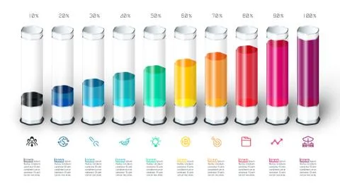 Bars chart infographics with colorful 3d glass tube. Stock Illustration
