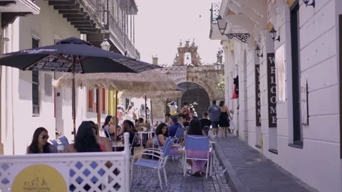 Bars at the cobblestone streets of Old San Juan District, Puerto Rico Stock Footage 153821299