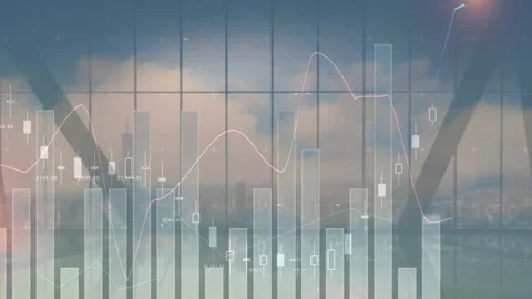 Bars emerging causing candlesticks flashing and line graph tracing waves, Stock Footage 310779035