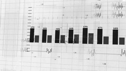 Bars emerging triggers camera rotating and revealing seven-bar chart updating Stock Footage 317659936