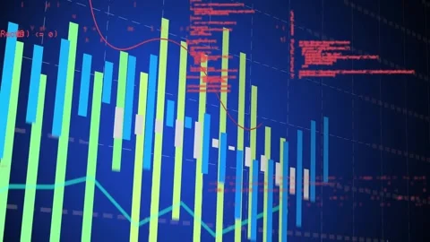 Bars fading in, growing in size while red code and trend line scrolling showing Stock Footage 319682693