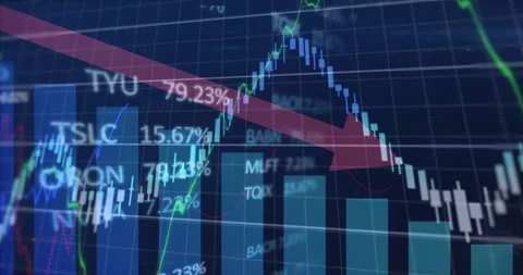 As bars fill under red arrow, candlestick and blue lines rising, falling showing Stock Footage 310150964