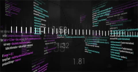 Bars rising in void forming waveform pulsing 3D code panels rotating updating Stock Footage 312905433