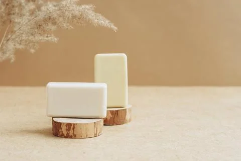 Bars of soap made from natural raw materials beige background. Organic cosmetics Stock Photos