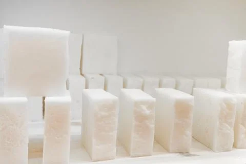 Bars of soap on a shop window. Pure natural soap with cedar oil and herbal Stock Photos