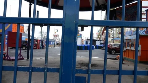 Bars View Empty Coney Island Luna Park Lockdown Foggy Day Stock Footage 129581125