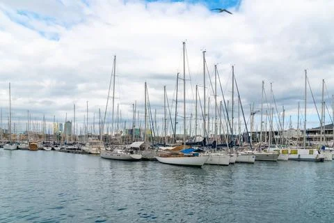 Barselona, Spain - 12 march, 2025: Harbor with yachts in Barcelona. Marina .. Foto stock
