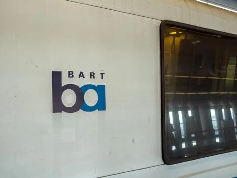 BART bay area rapid transit train logo on side of subway car Stock Photos