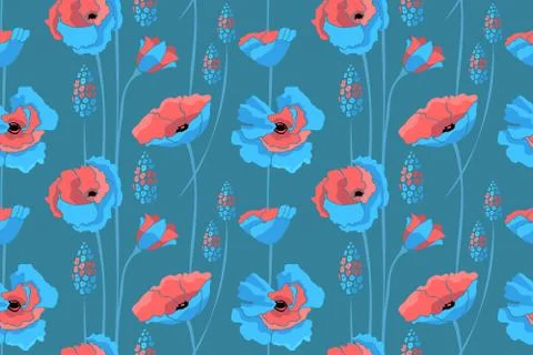 BArt floral vector seamless pattern. Blue, coral color flowers. Stock Illustration