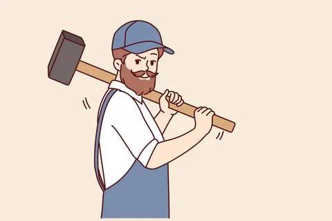 Bart Mann mit Hammer Arbeiten auf der Baustelle, gekleidet in Overalls mit... Stock Photos