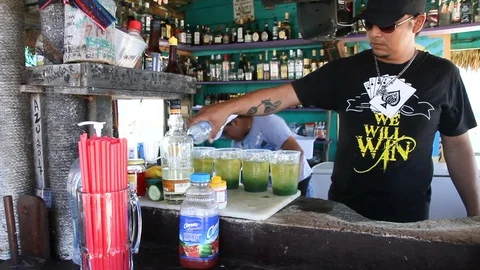 Bartender Adds Water to Mojitos at Bar Miami - Cozumel, Mexico Stock Footage 88114786