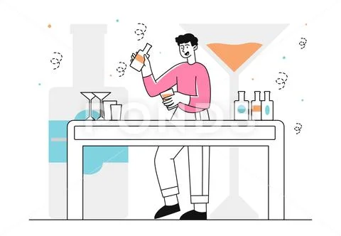Bartender with alcoholic drinks vector linear イラスト素材