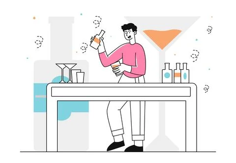 Bartender with alcoholic drinks vector linear Stock Illustration