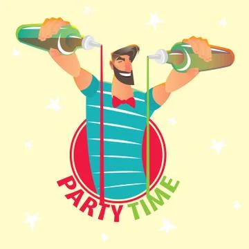 Bartender with bottles in round frame Stock Illustration